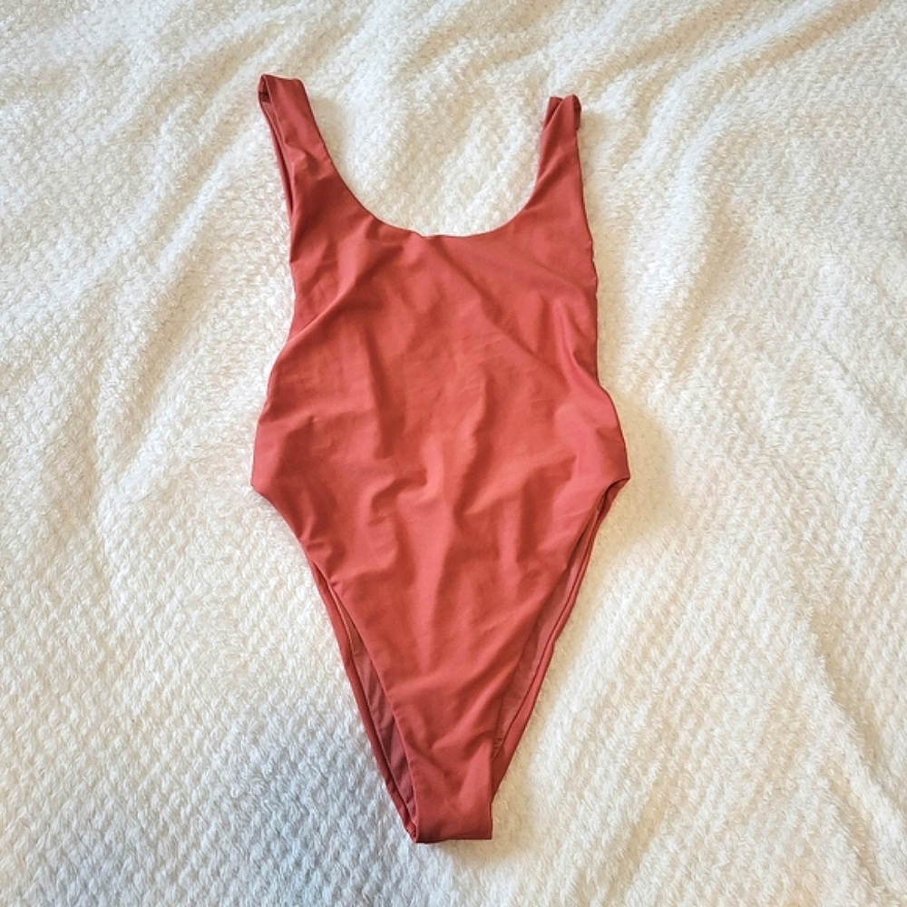 Aerie High-Cut, Low-Back One Piece Bathing Suit in Deep Muted Orange